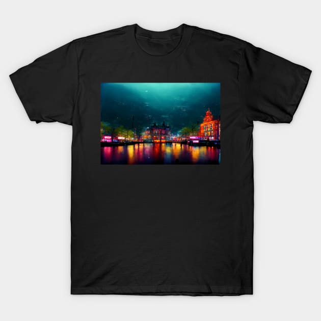 Neon Amsterdam City Skyline In Neonlight / Amsterdam City silhouette T-Shirt by Unwind-Art-Work